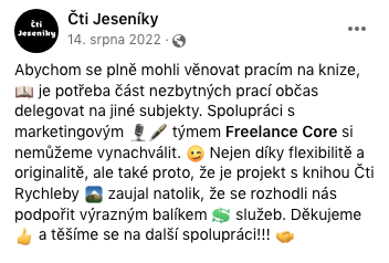Read Jeseníky Facebook post thanking Freelance Core