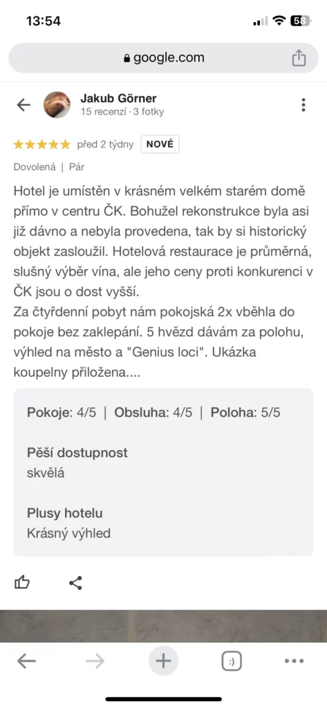 Příklad negativní Google recenze