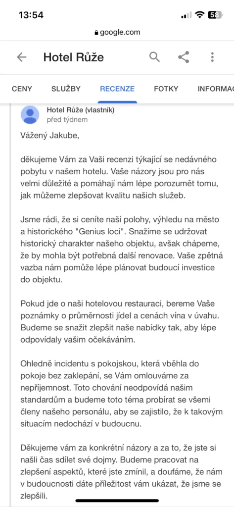 Příklad odpovědi na negativní Google recenzi